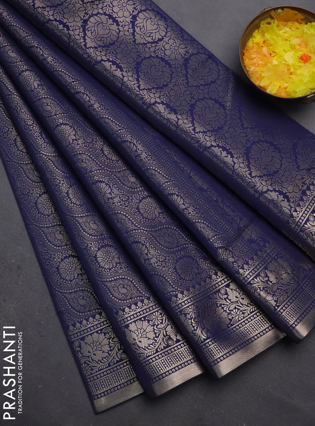Semi soft silk saree navy blue with allover zari woven brocade weaves -Without blouse