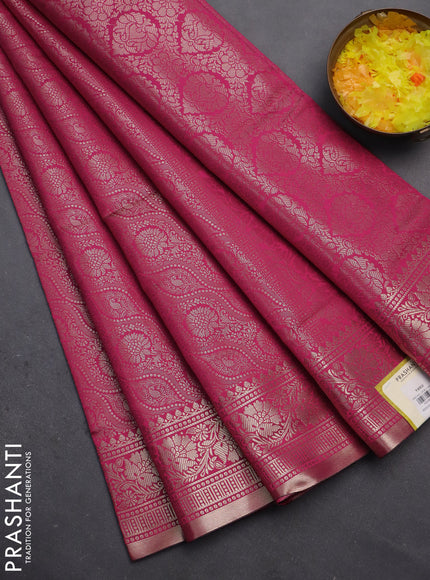 Semi soft silk saree dark pink with allover zari woven brocade weaves -Without blouse