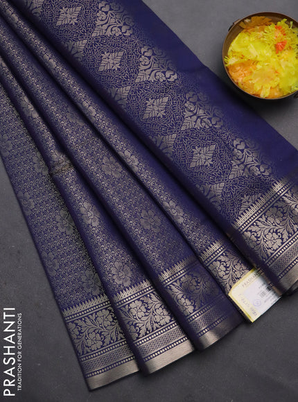 Semi soft silk saree navy blue with allover zari woven brocade weaves -Without blouse