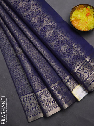 Semi soft silk saree navy blue with allover zari woven brocade weaves -Without blouse