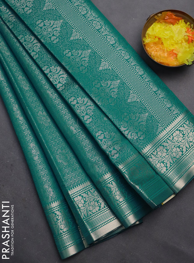 Semi soft silk saree teal blue with allover zari woven brocade weaves -Without blouse