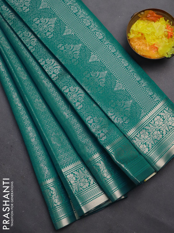 Semi soft silk saree teal blue with allover zari woven brocade weaves -Without blouse