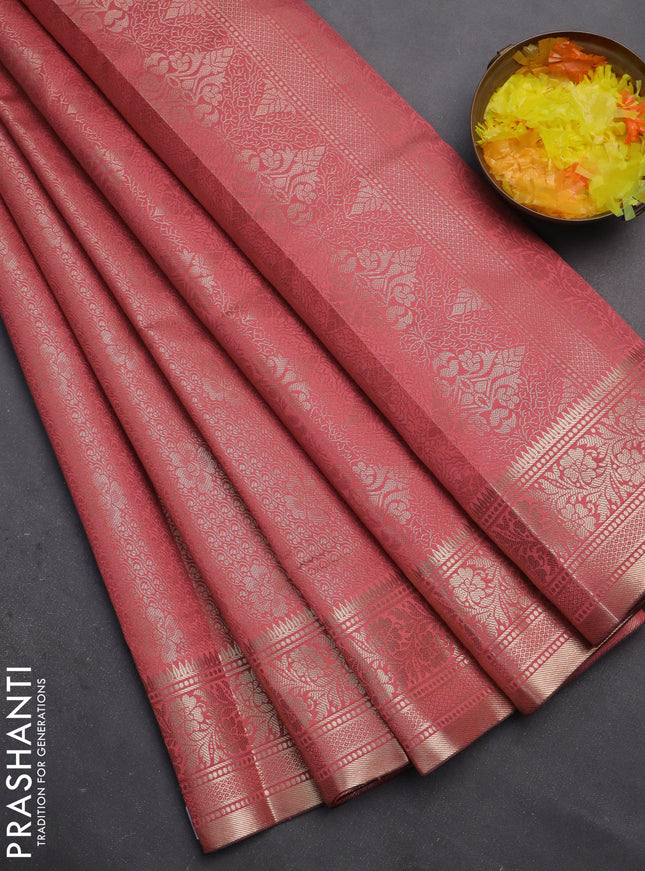 Semi soft silk saree peach shade with allover zari woven brocade weaves -Without blouse