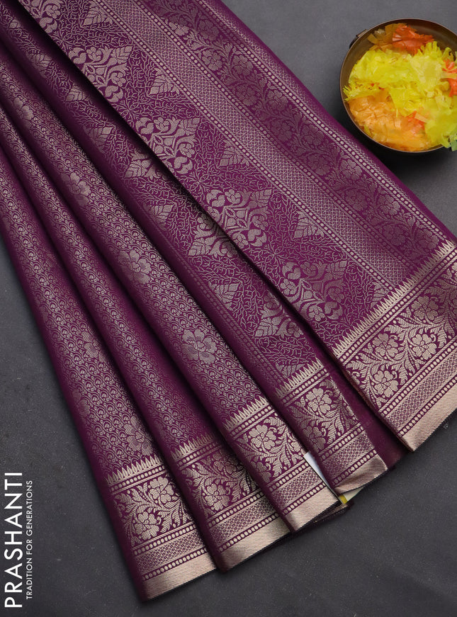 Semi soft silk saree deep purple with allover zari woven brocade weaves -Without blouse