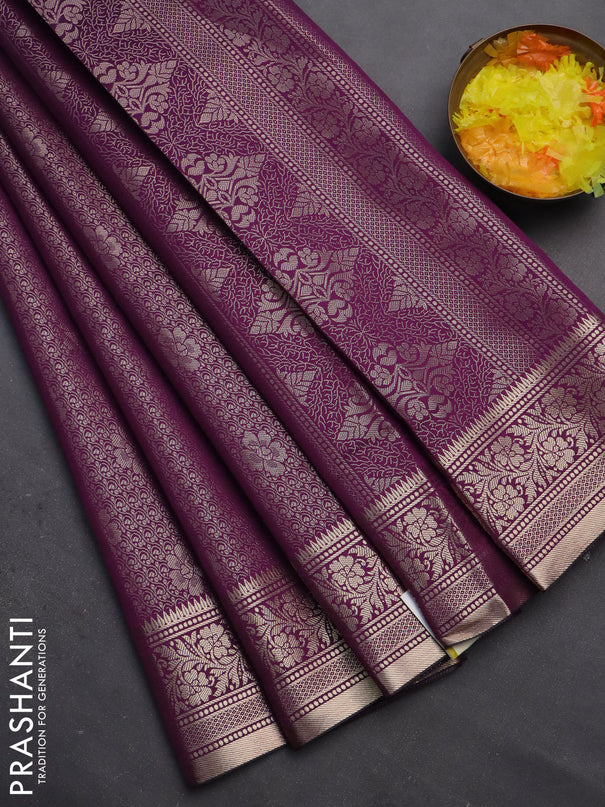Semi soft silk saree deep purple with allover zari woven brocade weaves -Without blouse