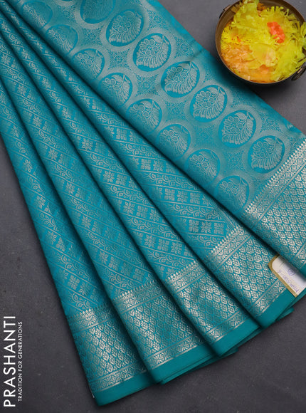 Semi soft silk saree teal blue with allover zari woven brocade weaves -Without blouse