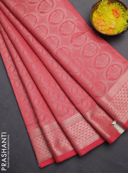Semi soft silk saree peach pink with allover zari woven brocade weaves -Without blouse