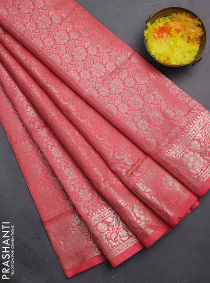 Semi soft silk saree peach pink with allover zari woven brocade weaves -Without blouse