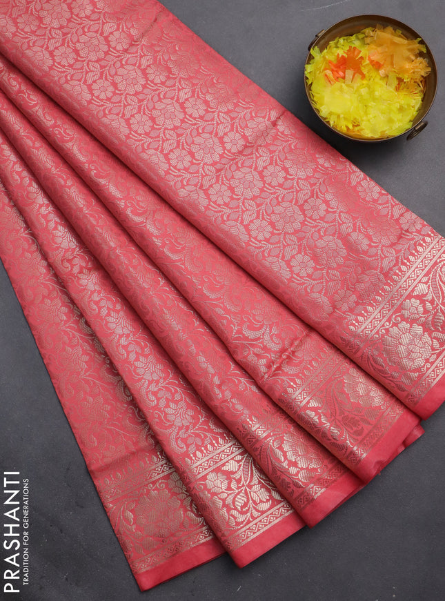 Semi soft silk saree peach pink with allover zari woven brocade weaves -Without blouse