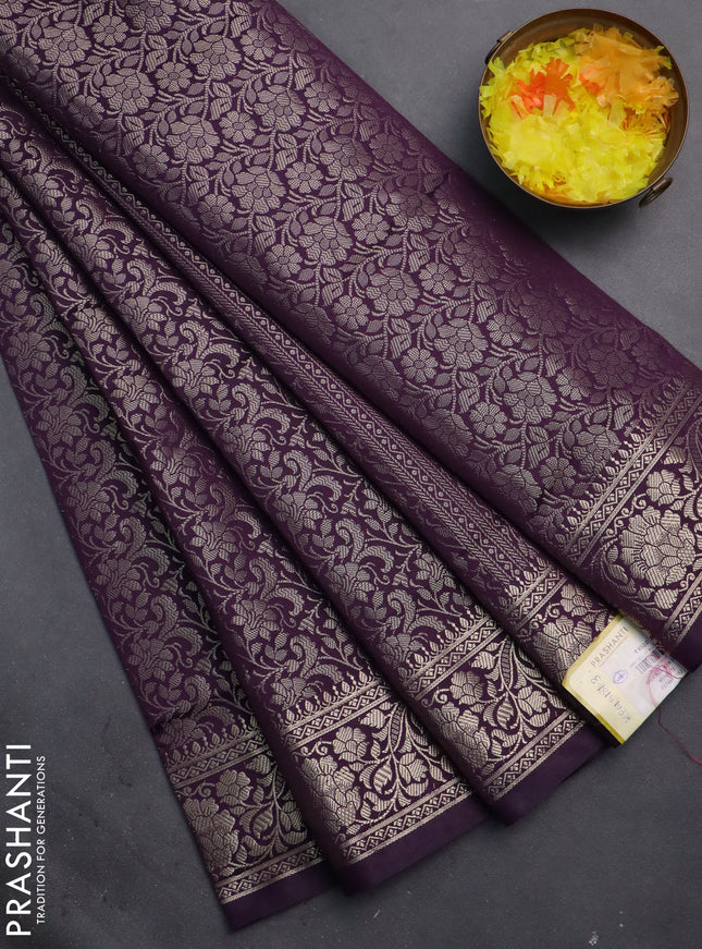 Semi soft silk saree deep purple with allover zari woven brocade weaves -Without blouse