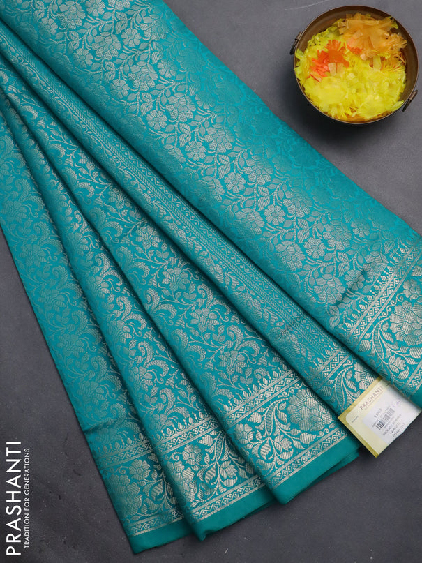 Semi soft silk saree teal blue with allover zari woven brocade weaves -Without blouse