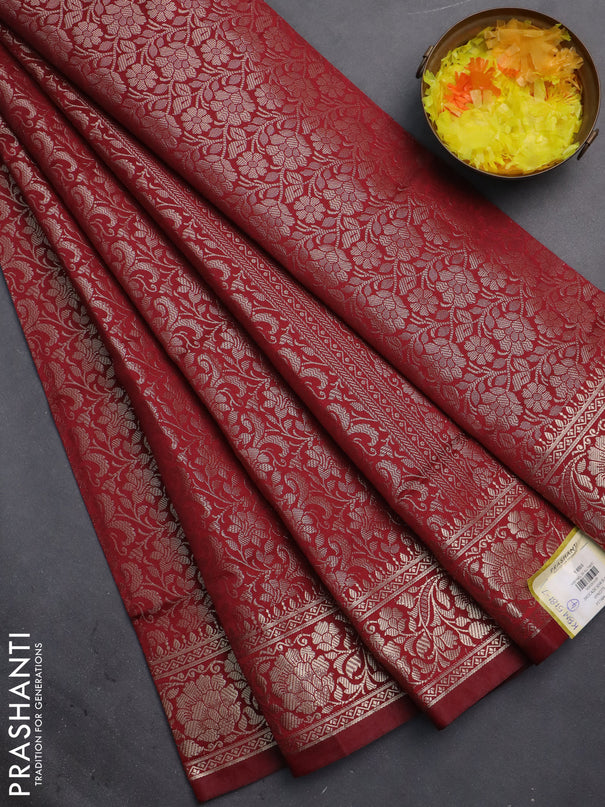 Semi soft silk saree maroon with allover zari woven brocade weaves -Without blouse