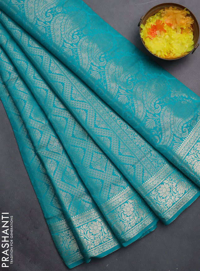 Semi soft silk saree teal blue with allover zari woven brocade weaves -Without blouse