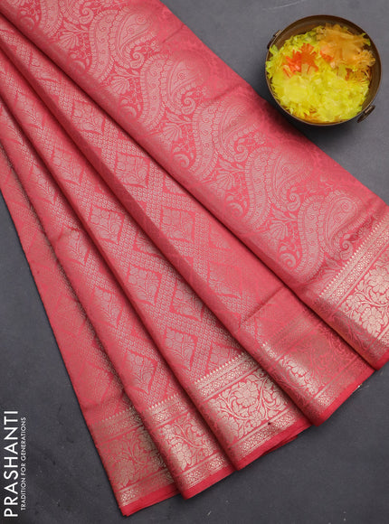 Semi soft silk saree peach pink with allover zari woven brocade weaves -Without blouse