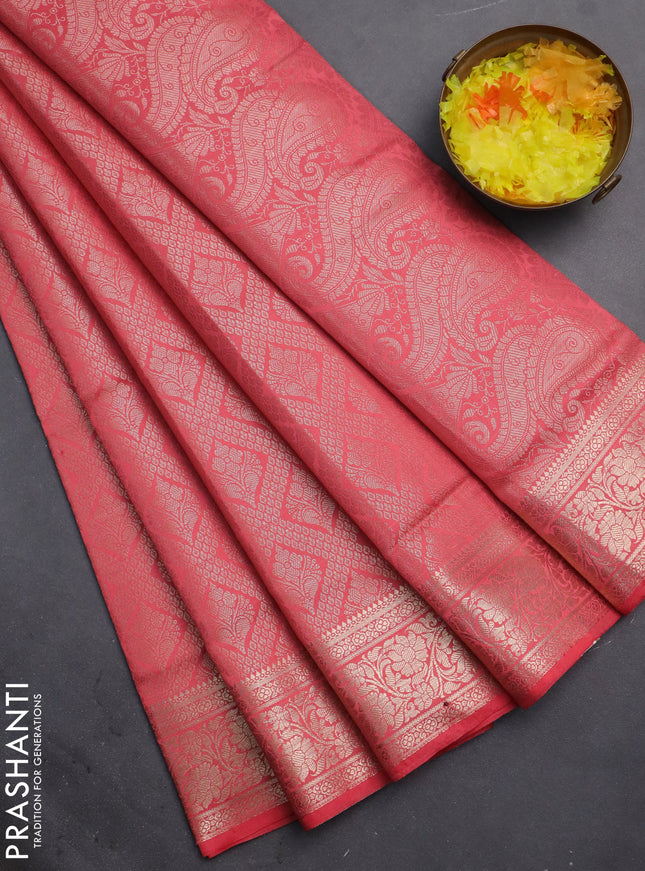 Semi soft silk saree peach pink with allover zari woven brocade weaves -Without blouse