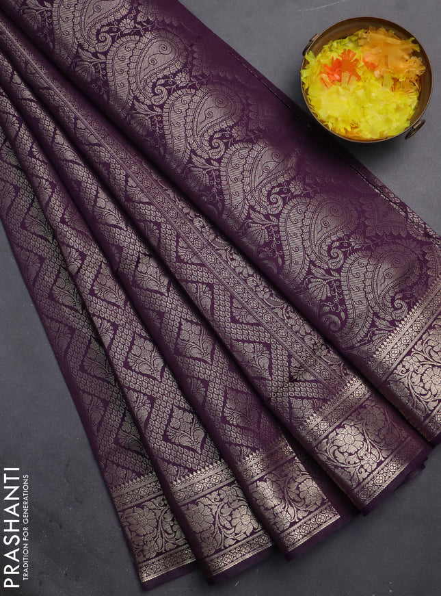 Semi soft silk saree deep purple with allover zari woven brocade weaves -Without blouse