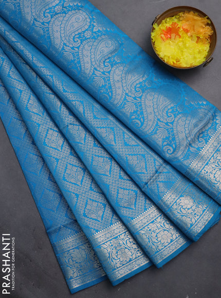 Semi soft silk saree cs blue with allover zari woven brocade weaves -Without blouse