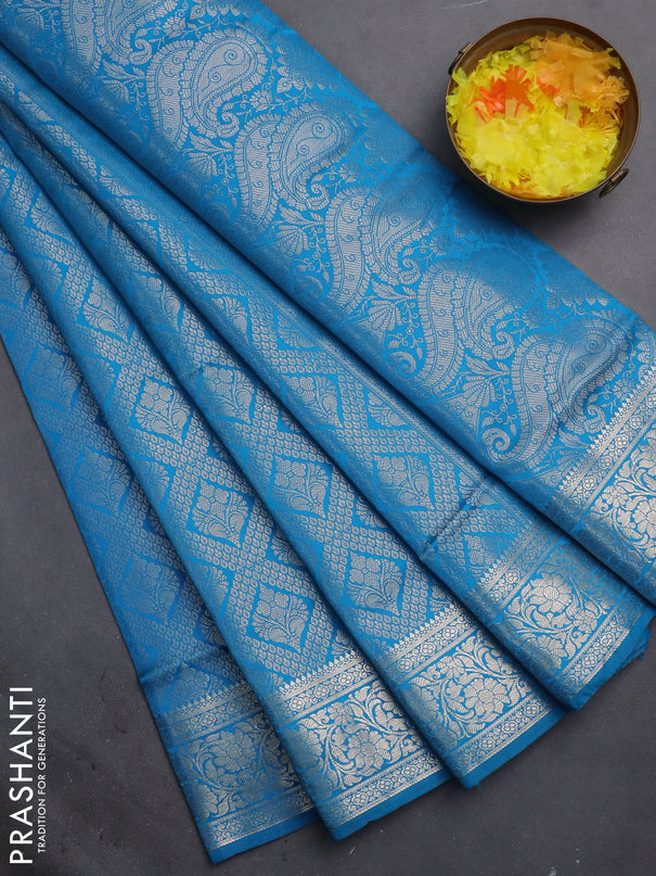 Semi soft silk saree cs blue with allover zari woven brocade weaves -Without blouse