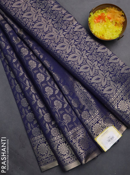 Semi soft silk saree navy blue with allover zari woven brocade weaves -Without blouse