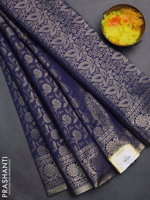 Semi soft silk saree navy blue with allover zari woven brocade weaves -Without blouse