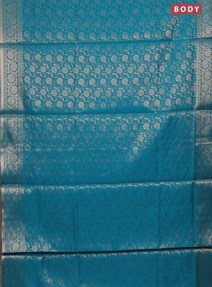 Semi soft silk saree teal blue with allover zari woven brocade weaves -Without blouse