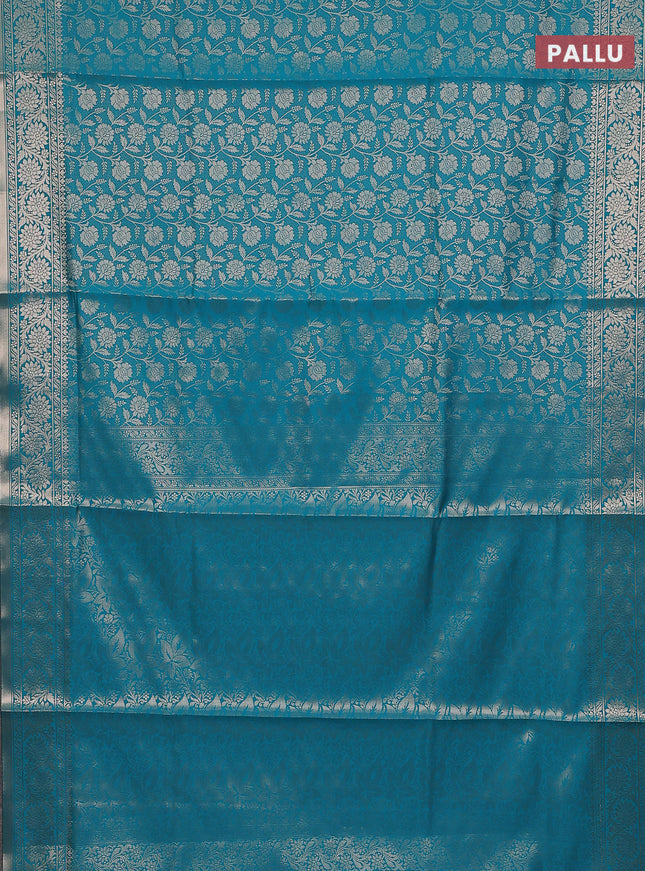 Semi soft silk saree teal blue with allover zari woven brocade weaves -Without blouse