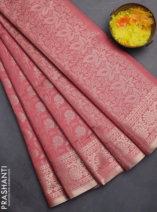 Semi soft silk saree peach shade with allover zari woven brocade weaves -Without blouse