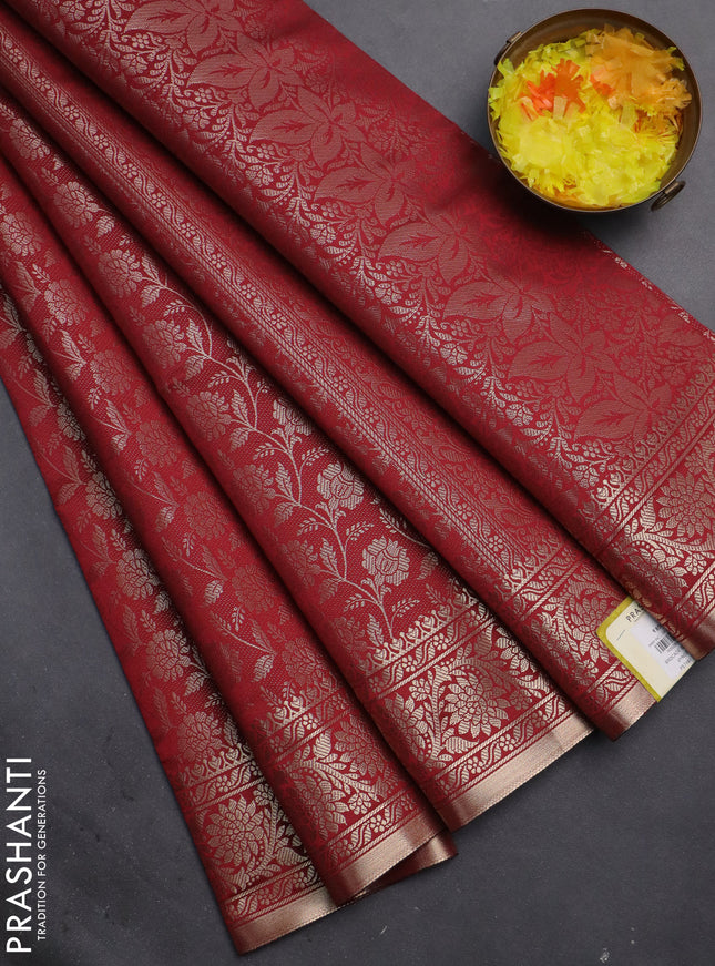Semi soft silk saree maroon with allover zari woven brocade weaves -Without blouse