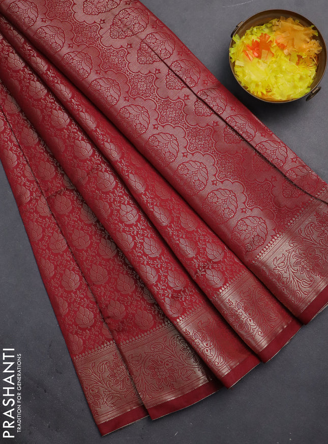 Semi soft silk saree maroon with allover zari woven brocade weaves -Without blouse