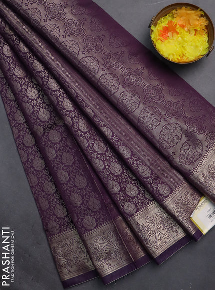 Semi soft silk saree deep purple with allover zari woven brocade weaves -Without blouse