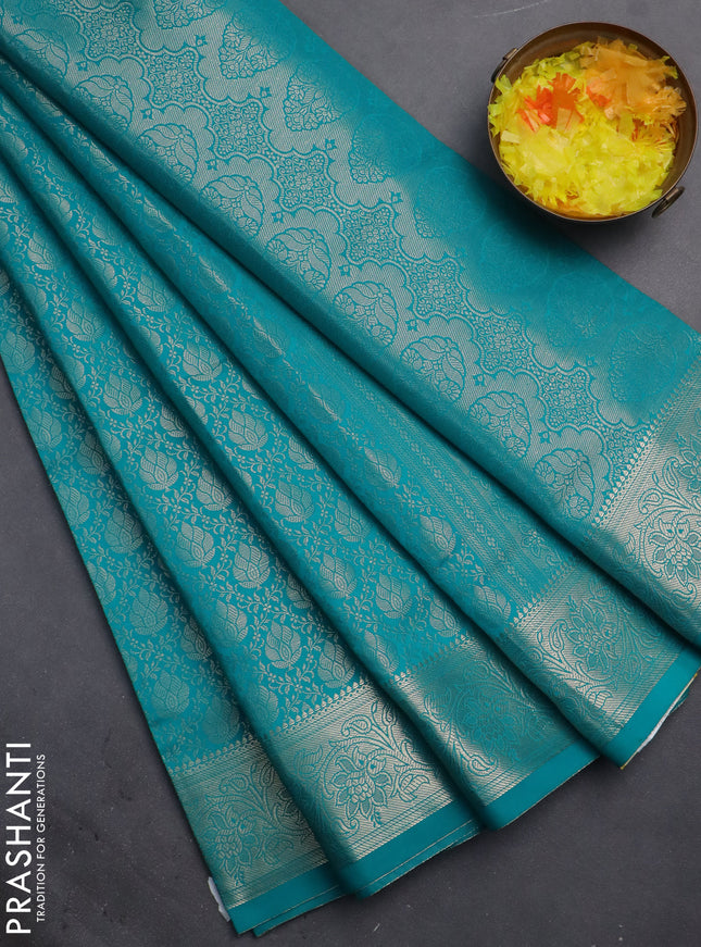 Semi soft silk saree teal blue with allover zari woven brocade weaves -Without blouse