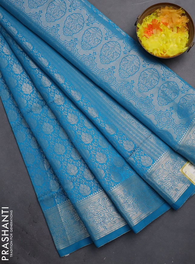 Semi soft silk saree cs blue with allover zari woven brocade weaves -Without blouse