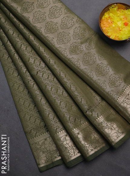 Semi soft silk saree sap green with allover zari woven brocade weaves -Without blouse