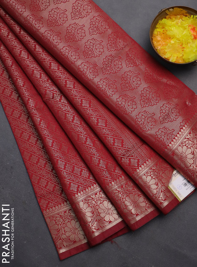 Semi soft silk saree maroon with allover zari woven brocade weaves -Without blouse