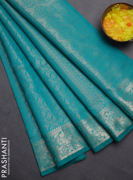 Semi soft silk saree teal blue with allover zari woven brocade weaves -Without blouse