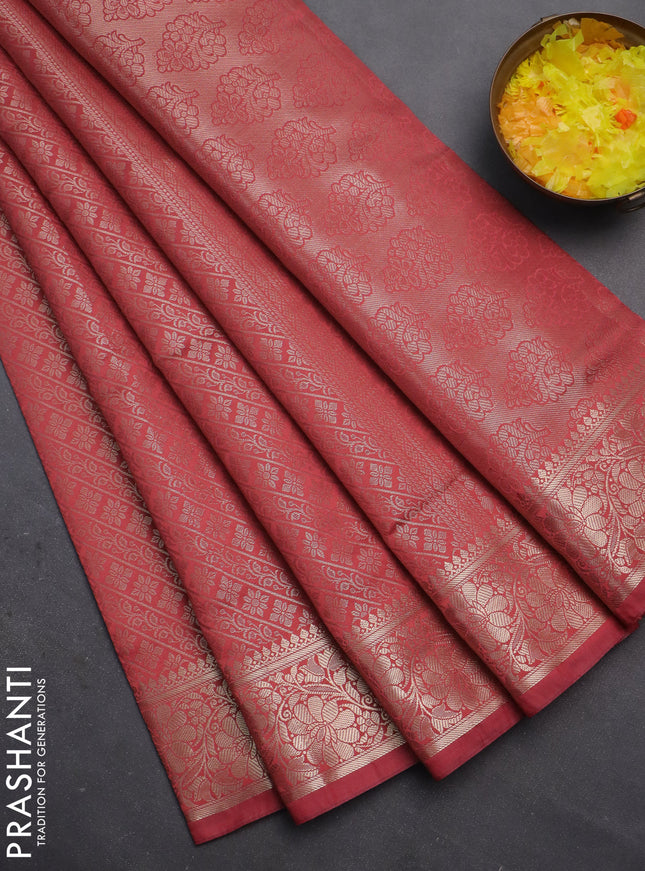 Semi soft silk saree peach shade with allover zari woven brocade weaves -Without blouse
