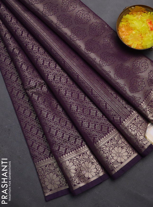 Semi soft silk saree deep purple with allover zari woven brocade weaves -Without blouse