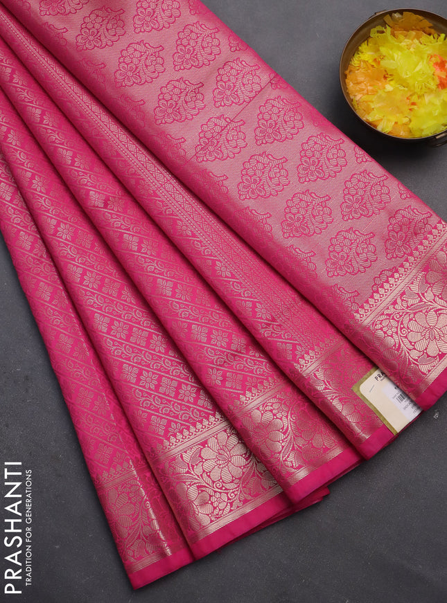 Semi soft silk saree pink with allover zari woven brocade weaves -Without blouse