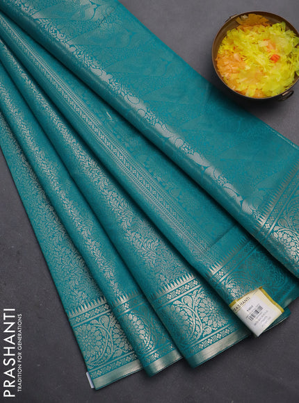 Semi soft silk saree teal blue with allover zari woven brocade weaves -Without blouse