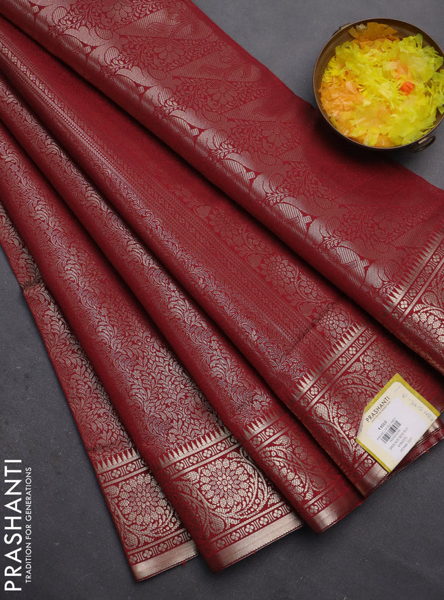 Semi soft silk saree maroon with allover zari woven brocade weaves -Without blouse