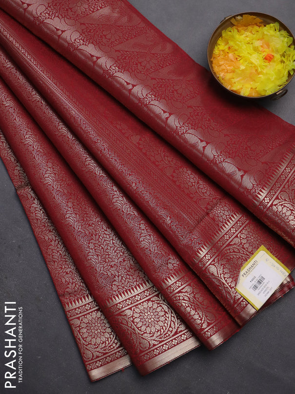 Semi soft silk saree maroon with allover zari woven brocade weaves -Without blouse