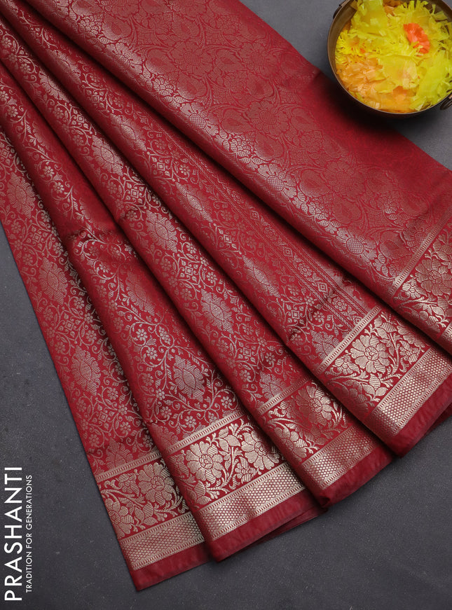 Semi soft silk saree maroon with allover zari woven brocade weaves -Without blouse