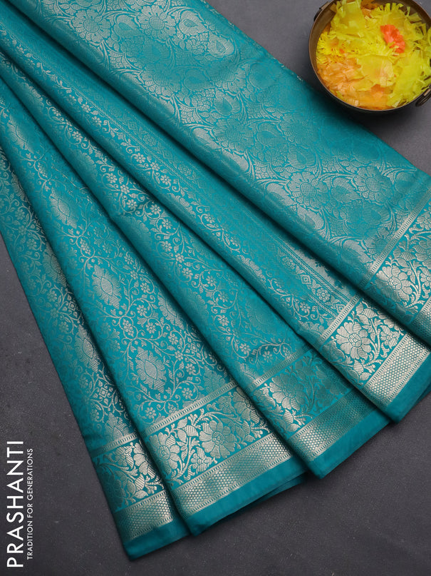 Semi soft silk saree teal blue with allover zari woven brocade weaves -Without blouse