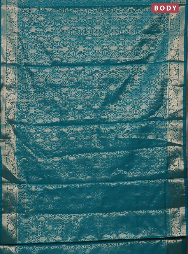 Semi soft silk saree teal blue with allover zari woven brocade weaves -Without blouse