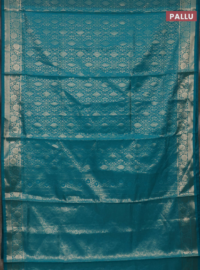 Semi soft silk saree teal blue with allover zari woven brocade weaves -Without blouse