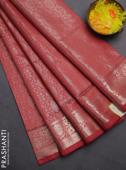 Semi soft silk saree peach shade with allover zari woven brocade weaves -Without blouse