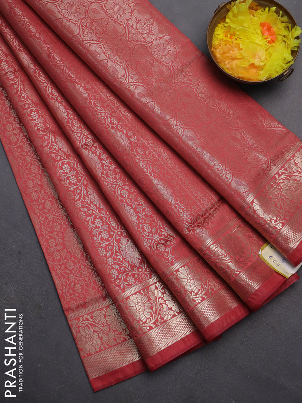 Semi soft silk saree peach shade with allover zari woven brocade weaves -Without blouse