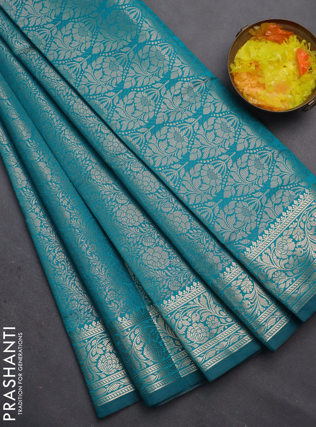 Semi soft silk saree teal blue with allover zari woven brocade weaves -Without blouse
