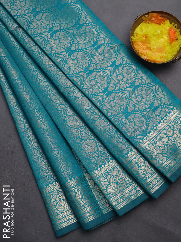Semi soft silk saree teal blue with allover zari woven brocade weaves -Without blouse