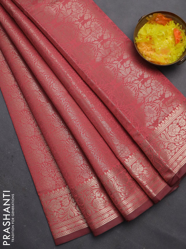 Semi soft silk saree peach pink with allover zari woven brocade weaves swetha mam taken 9 -Without blouse